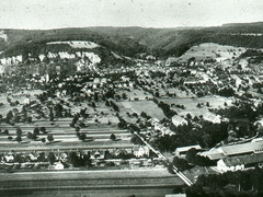 Blick auf Wyhlen;  vorne rechts Ökonomiegebäude der Solvay. 2 Häuseblöcke  die bereits 1888 abgebildet worden sind. Links Lindweg; Foto vor 1929. Wasserreservoir fehlt noch.  
Bild44